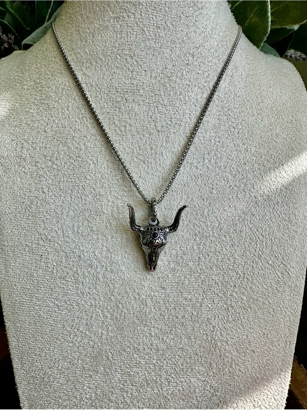 Sterling Silver Longhorn Bull Skull Pendant Necklace - Western Style
